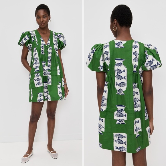 Hunter Bell Wilkes Dress Herring Green Puff Sleeve Cotton Size Medium NWT - Picture 11 of 17